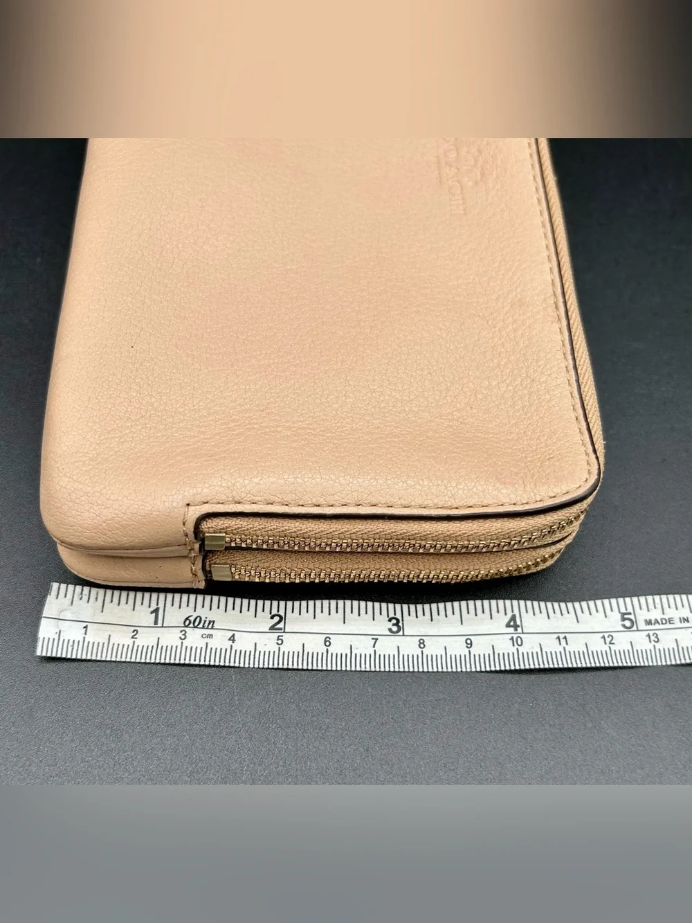COACH Pebble Leather Double - Zip Wristlet in a neutral tan - Gold-Tone Hardware